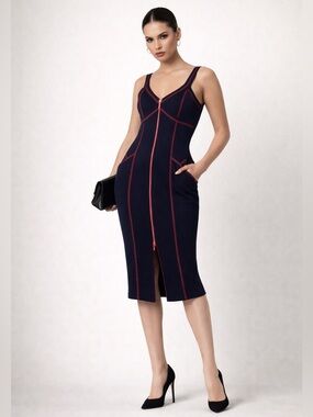 Joseph Ribkoff Futuristic Bodycon Zip Dress Contrast Stitch Statement Pockets 6